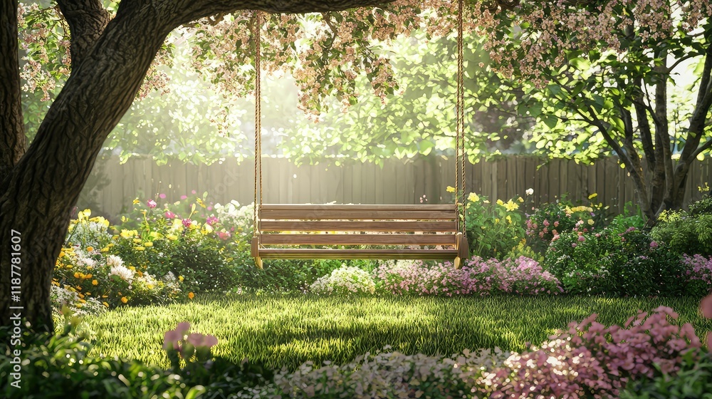 Tranquil Garden Swing Surrounded by Blooming Flowers and Greenery Tranquil Garden Swing Surrounded by Blooming Flowers and Greenery