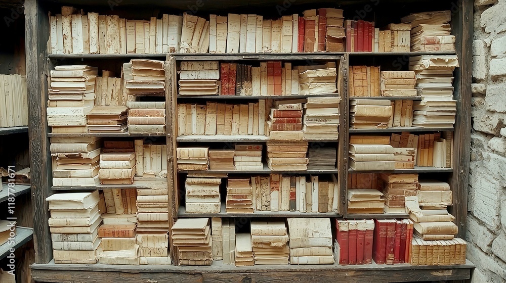 Fototapeta premium A captivating collection of antique books on wooden shelves, creating a timeless and inspiring atmosphere for book lovers and literature enthusiasts.