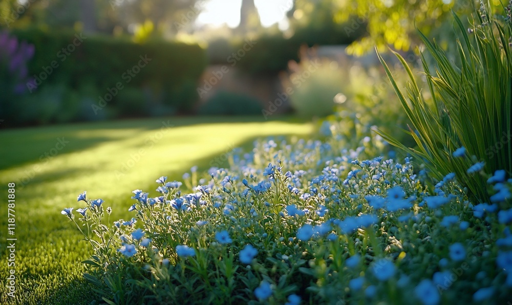 Fototapeta premium Sunlit garden, blue flowers, green lawn, tranquil scene, nature background