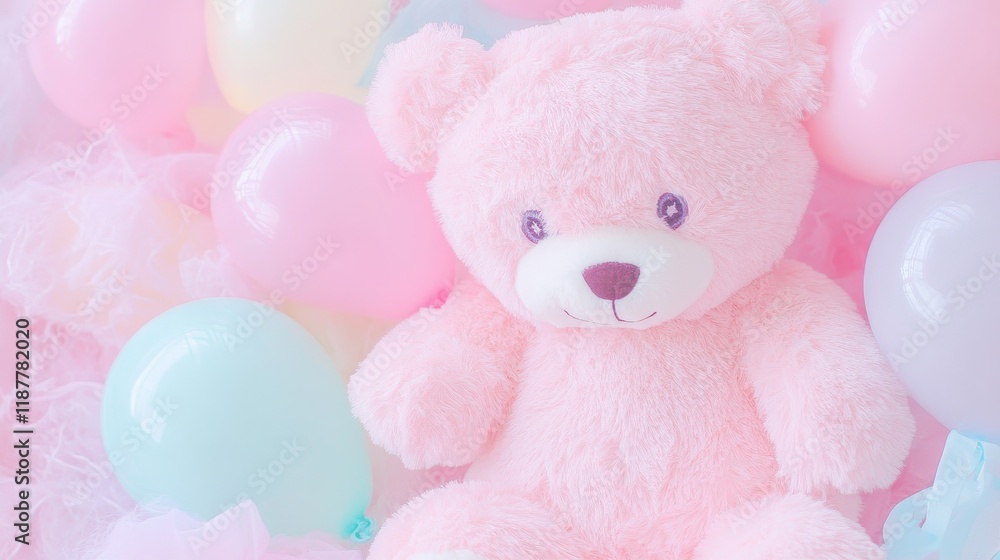 Pink Teddy Bear Surrounded by Pastel Balloons Pink Teddy Bear Surrounded by Pastel Balloons