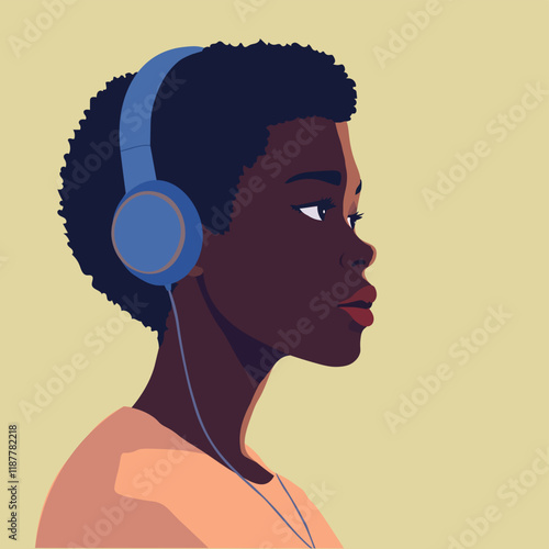 Beautiful black woman. Young african american. Portrait of young woman with beautiful face and hair. Side view. Isolated on a beige background.