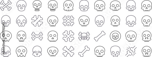 Collection of Skull Related Line Icons. Outline Signs for Graphic and Web Design, Apps, Adverts, Various Cards