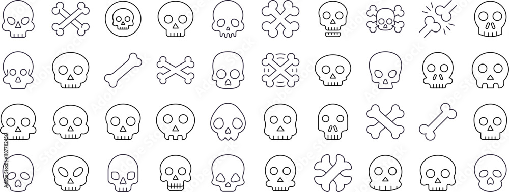 Pack of Skull Related Line Icons. Outline Signs for Graphic and Web Design, Apps, Adverts, Various Cards