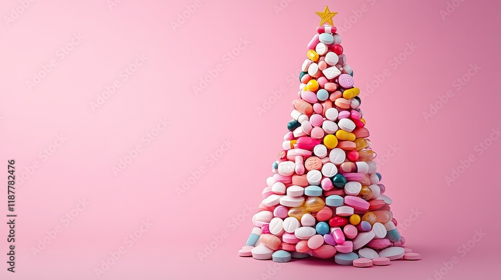 Christmas tree crafted entirely from medical pills on a pink backdrop Christmas tree crafted entirely from medical pills on a pink backdrop
