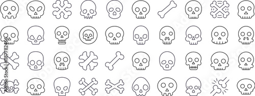 Bundle of Skull Related Line Icons. Outline Signs for Graphic and Web Design, Apps, Adverts, Various Cards