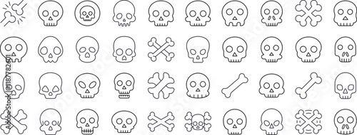 Skull Line Icon Collection. Outline Signs for Graphic and Web Design, Apps, Adverts, Various Cards