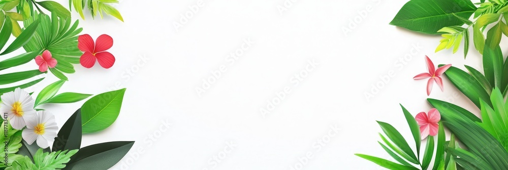 Fototapeta premium Lush Tropical Leaf Border - Vibrant tropical leaves and flowers frame a white background, symbolizing freshness, nature, serenity, growth, and beauty.