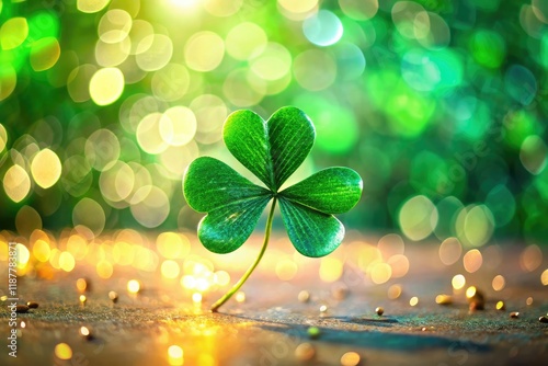 Shallow focus on a single, vibrant green shamrock, a minimalist St. Patrick's Day backdrop. photo