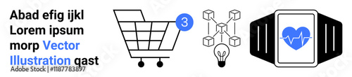 Shopping cart, AI network with lightbulb, smartwatch displaying heartbeat, social media message bubble with number 3. Ideal for online shopping, AI, healthcare technology, e-commerce, innovation