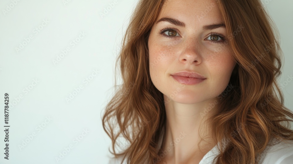 Young caucasian female with wavy hair and soft smile against white background Young caucasian female with wavy hair and soft smile against white background