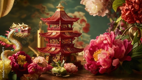 Wallpaper Mural Chinese New Year featuring a red pagoda, golden dragon motifs, and vibrant flowers like peonies symbolizing wealth and good fortune. Torontodigital.ca