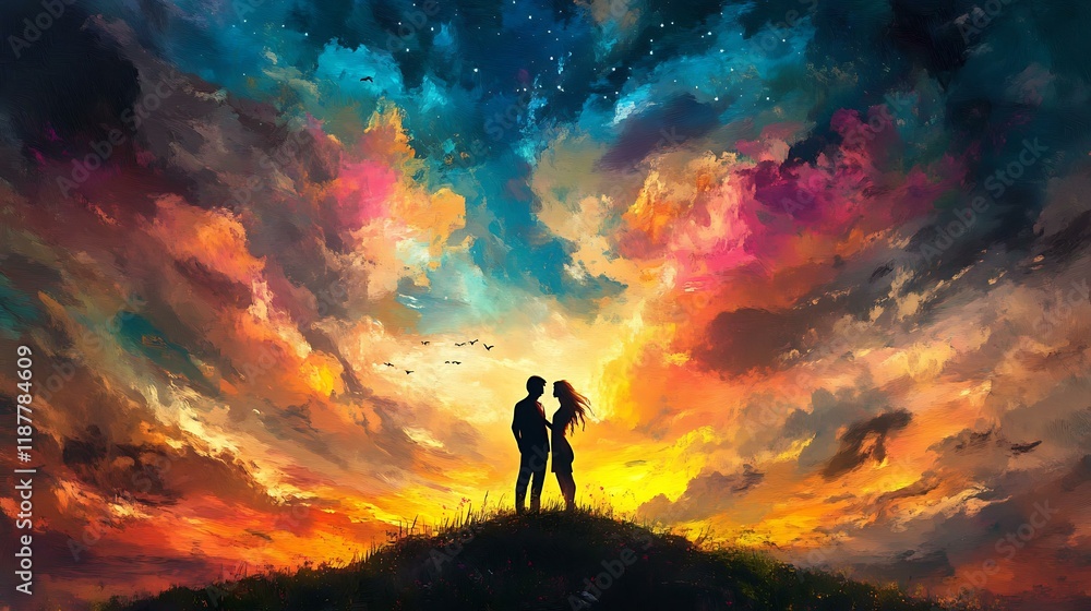 Fototapeta premium Romantic couple standing on a hill, silhouetted by a vibrant sunset sky