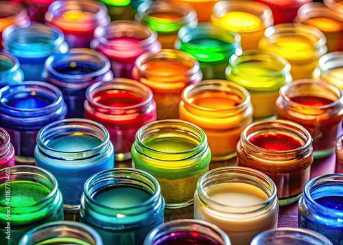 Tilt-Shift Glass Paint Pots, Miniature World, Selective Focus, Close-up, Colorful Art Supplies, Craft Supplies Photography photo