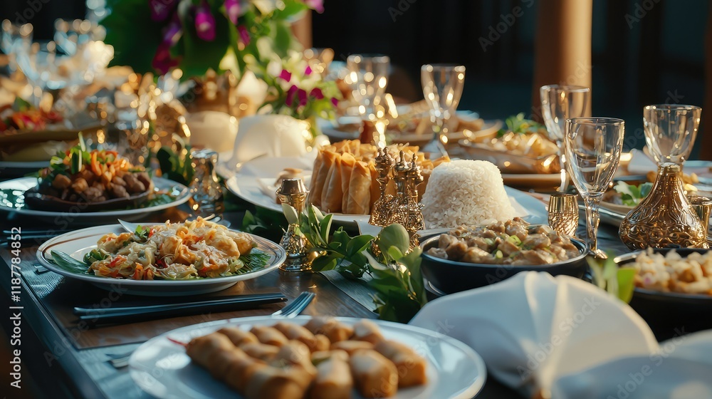 Lavish Feast Display with Festive Table Setting and Delicious Dishes Lavish Feast Display with Festive Table Setting and Delicious Dishes