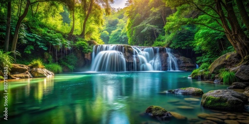 Tilt-Shift Waterfall Paradise: Serene Forest Pool, Lush Green, Smooth Stones, Vibrant Colors, Peaceful Nature