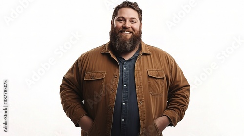 Smiling Bearded Man: A plus-size man with a warm smile and full beard, wearing a corduroy jacket, poses confidently.  His approachable demeanor conveys friendliness and self-assurance. 