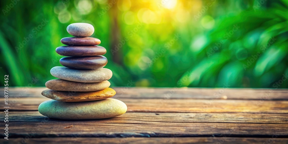Obraz premium Tranquil Stacked Stones on a Wooden Board for Calmness and Serenity in Nature, Perfect for Meditation and Relaxation Themes, Soft Background, and Peaceful Vibes