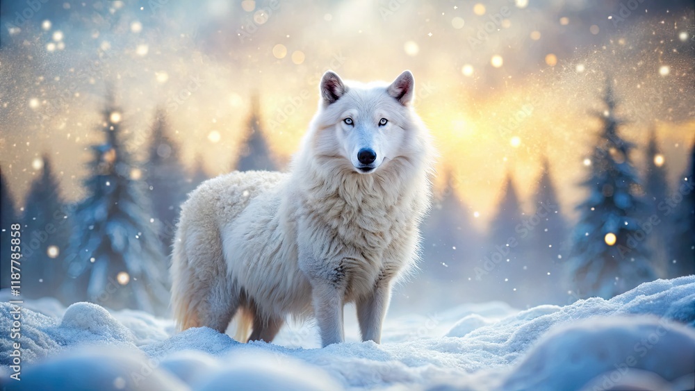 Obraz premium Surreal arctic wolf, adorned in fluffy sheep's fleece, a fantastical wildlife portrait.
