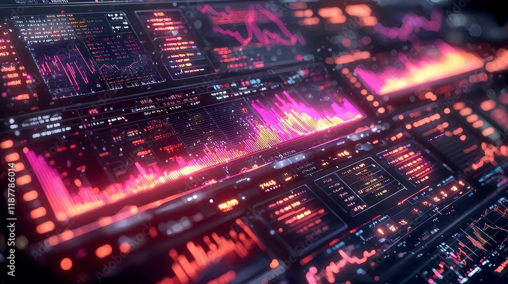 Obraz premium Abstract Futuristic Business Data Visualization: Stock Market Trading Charts and Graphs, Neon Pink and Red Digital Analytics Dashboard