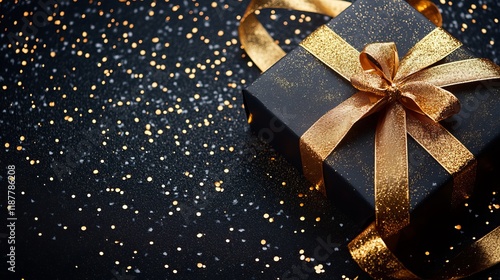 Elegant gift box with golden ribbon on black background, sparkling glitter accents – black friday sale banner concept photo