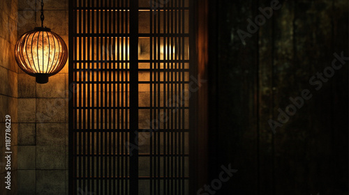 In the hotel's dark space, there is an open door with a metal grid and slats on it. The wall behind has light-colored tiles and wooden strips, In front of the screen wall, two bronze lanterns hang.