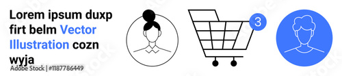 Shopping cart with a notification badge of three, two user avatars, text placeholder Lorem ipsum. Ideal for e-commerce platforms, user profiles, notifications, shopping, vector graphics, web