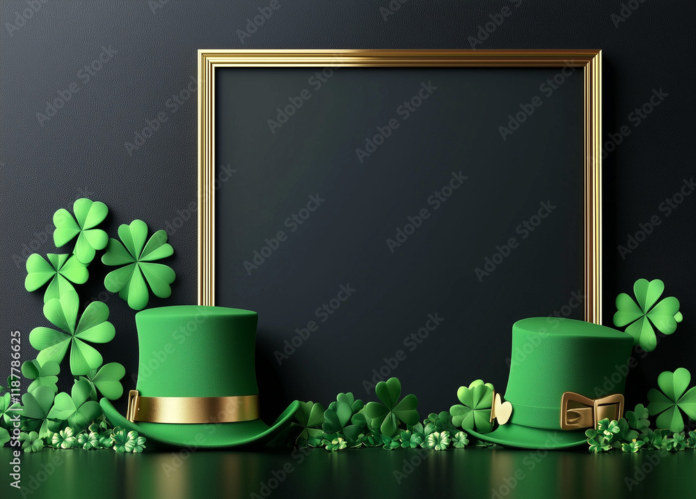 3D rendering of a St. Patrick's Day frame with clovers and green hats on a dark background. Stock photo contest winner, gold square picture frames, green hat decoration
