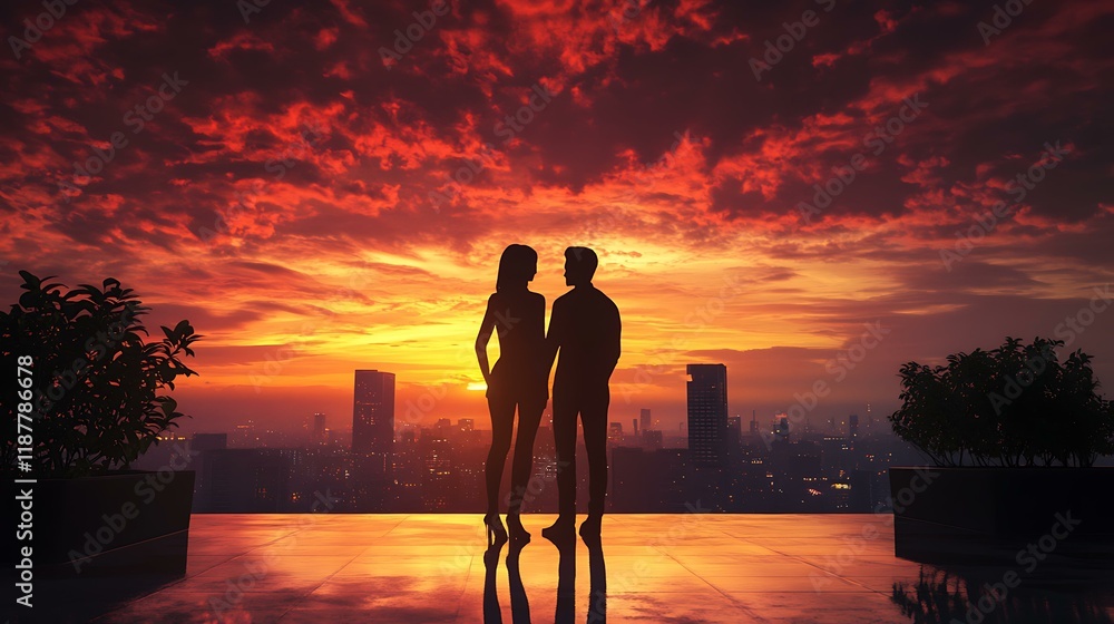 Fototapeta premium Silhouetted couple on a rooftop, gazing at a stunning sunset skyline