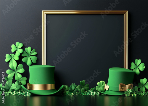 Obraz na płótnie 3D rendering of a St. Patrick's Day frame with clovers and green hats on a dark background. Stock photo contest winner, gold square picture frames, green hat decoration w salonie