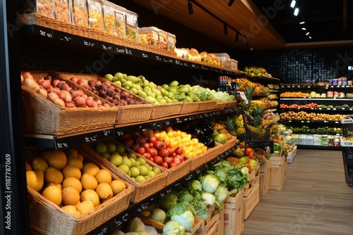 Fresh produce displayed in modern grocery store photo