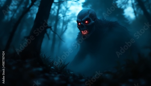 Nightmarish Creature: Glowing Eyes in a Dark Forest photo