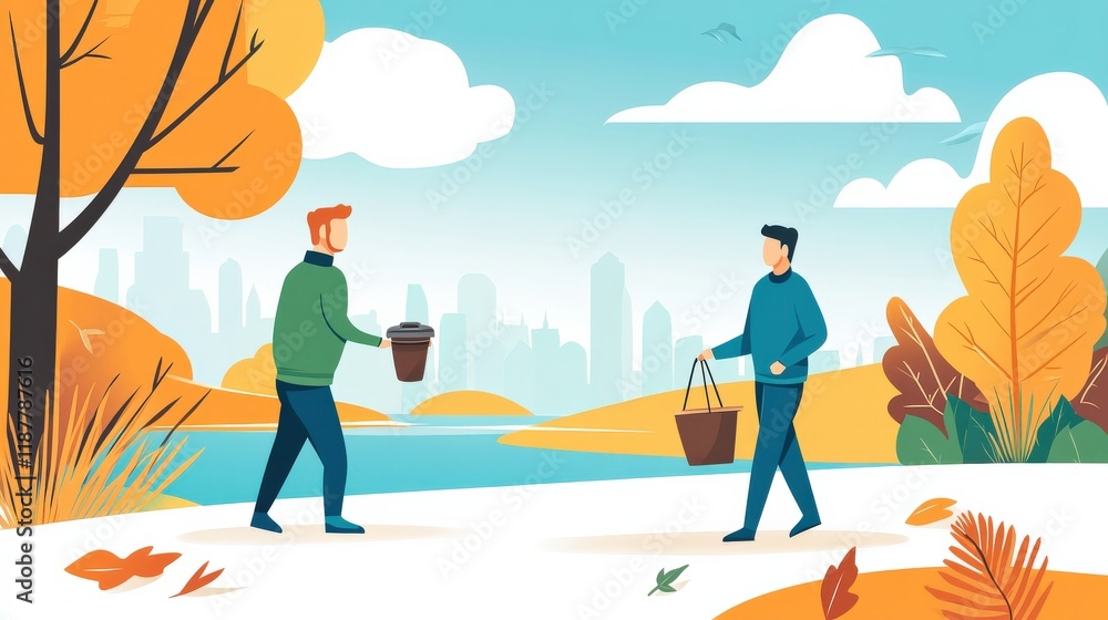 Obraz premium Two Men Enjoying Autumn Walk in a Colorful Park Surrounded by Trees and a Serene Lake Under a Bright Sky with Modern City Skyline in the Background