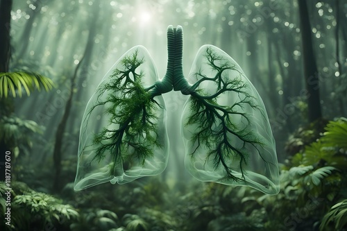 A lung model made from parts of rainforest plants. Concept of protecting environment for healthy life.