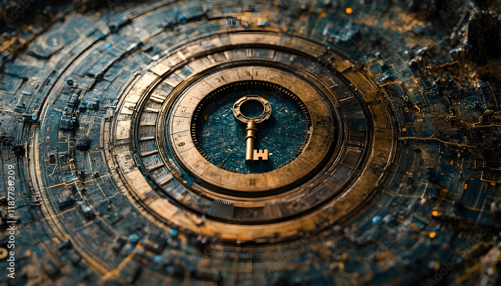 Obraz premium 3D Illustration-Golden Key, Clockwork Mechanism, Time, Mystery, Technology