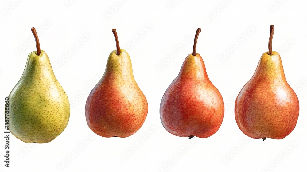 Four Pears: A quartet of ripe pears, showcasing a spectrum of colors from pale green to deep red, are arranged in a neat row against a clean background. Four Pears: A quartet of ripe pears, showcasing a spectrum of colors from pale green to deep red, are arranged in a neat row against a clean background.