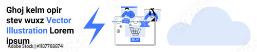 People interacting with an online shopping cart on a digital screen, highlighted by a lightning bolt and a large cloud icon. Ideal for e-commerce, technology, cloud computing, digital marketing