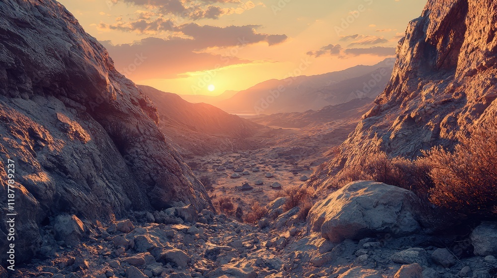 Obraz premium Scenic Sunset View Over Rocky Landscape in Majestic Natural Valley
