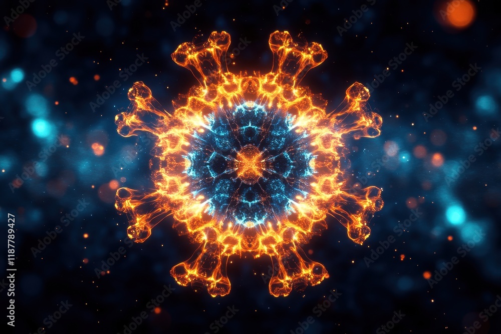 Obraz premium Animated glowing hmpv and covid virus particles forming symmetrical kaleidoscope pattern, looping abstract design