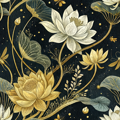 Seamless Golden Lotus Floral Pattern on Black Background