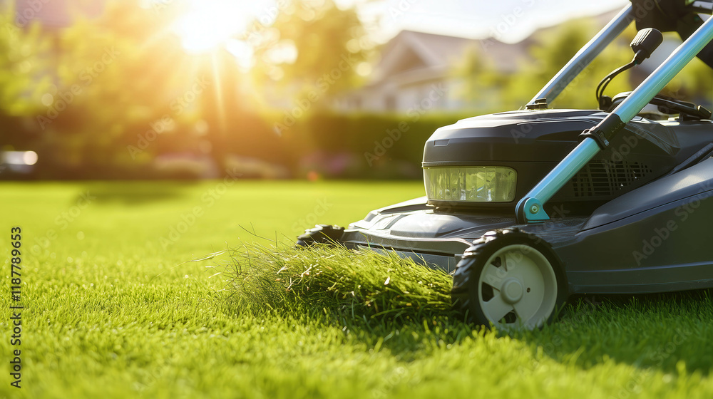 Fototapeta premium Freshly Mowed Grass Clipping shooting out from a mower