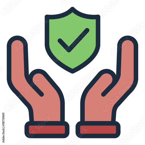 Hand holding shield filled line icon symbolizing trust and reliability