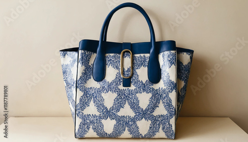  Designer blue tote bag with an intricate pattern, ideal for modern fashion enthusiasts looking for a stylish and practical accessory. photo