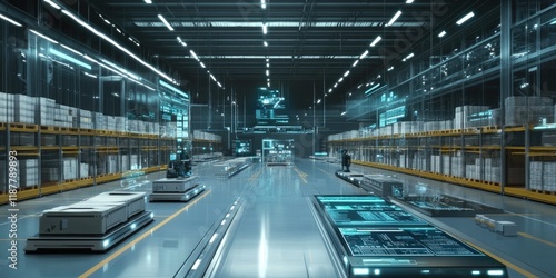 This warehouse boasts a sleek design, movable robotic shelves, and advanced digital displays showing inventory information.