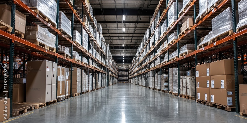 This warehouse boasts a sleek design, movable robotic shelves, and advanced digital displays showing inventory information. This warehouse boasts a sleek design, movable robotic shelves, and advanced digital displays showing inventory information.