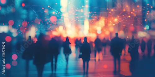 Wallpaper Mural A blurred city background adorned with colorful lines and icons linking people and devices, demonstrating digital communication. Torontodigital.ca