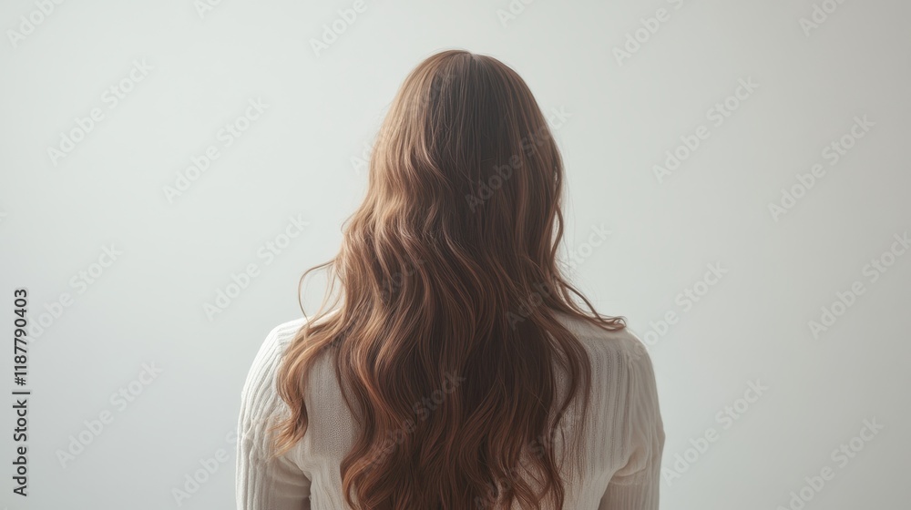 Fototapeta premium Beautiful model girl with Brown hair strand,silky healthy chestnut wavy hair strand,hair wavy ribbon, with smooth,Keratin straightening,Treatment,straight long hair,procedures,Smooth hairstyle.