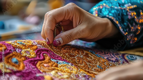 Close-Up of Hand Embroidering Colorful Textile with Beadwork