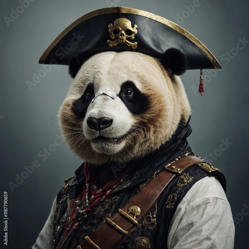 A panda dressed like a pirate with an eyepatch. photo