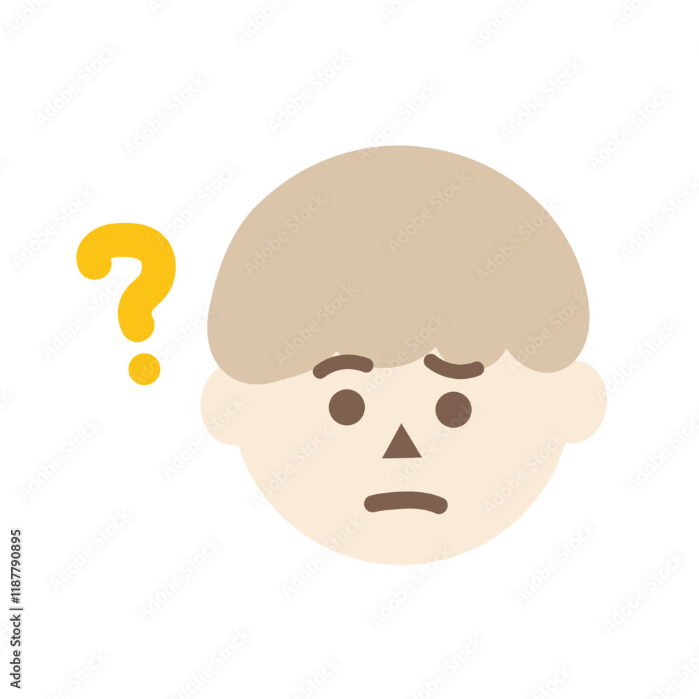 Confused child boy head with question mark. Facial expression, feeling, trouble, solution concepts. Flat character vector design isolated illustration. Confused child boy head with question mark. Facial expression, feeling, trouble, solution concepts. Flat character vector design isolated illustration.