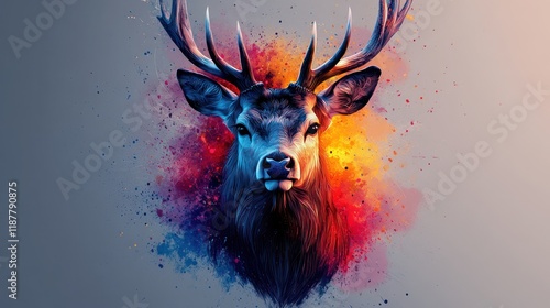 Majestic deer portrait, vibrant color splash background, nature art, digital wallpaper photo